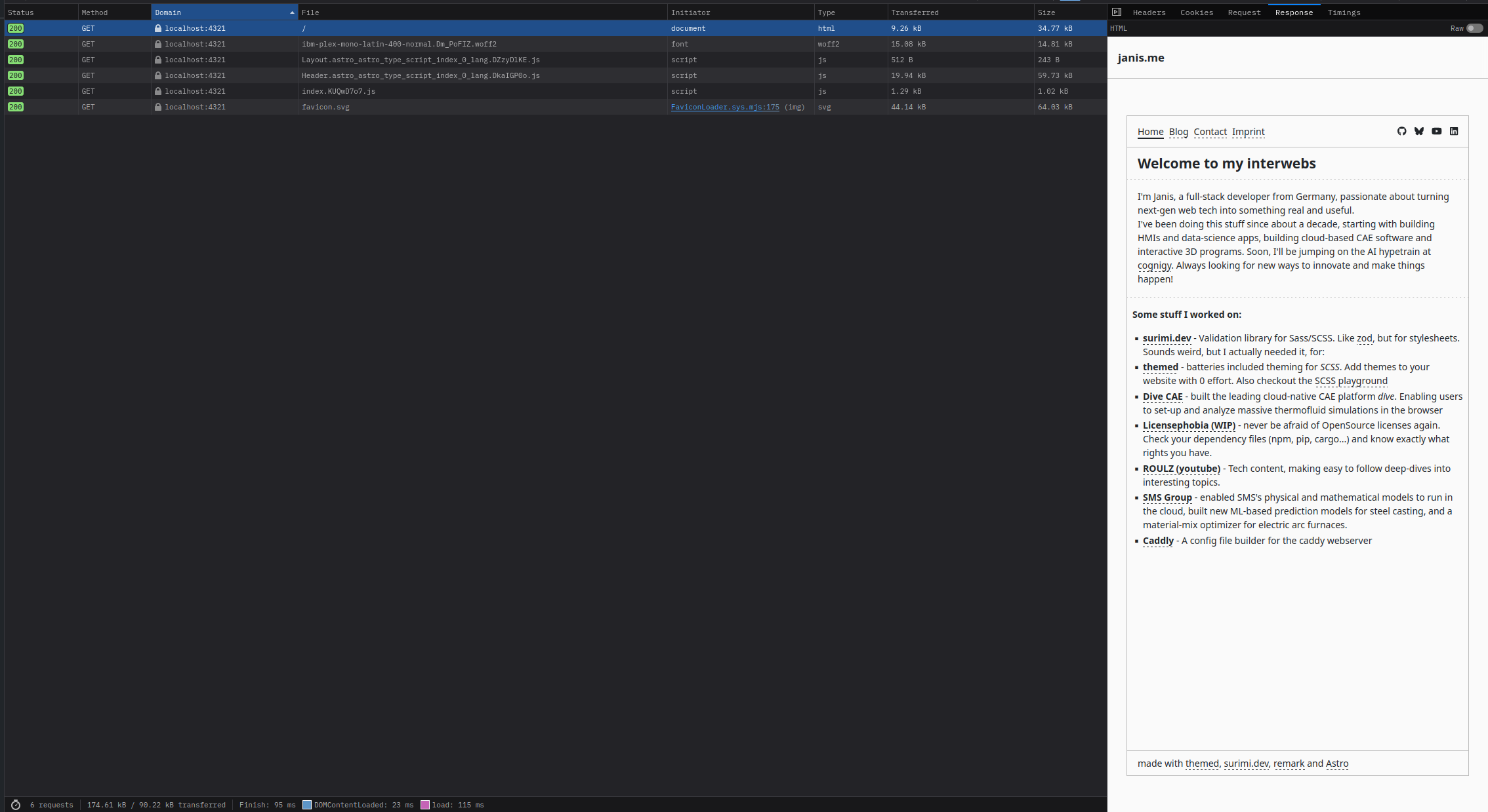 The very first request in the devtools, together with the rendered HTML